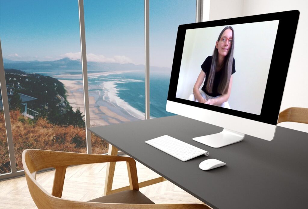 Nicole Schaller in an online session providing pastoral counseling, spiritual direction, and executive leadership coaching for Christian entrepreneurs via web conferencing, set in a professional home office.